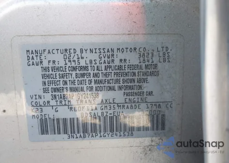 2016 Nissan Sentra S из США, поврежденный, VIN 3N1AB7AP1GY241538